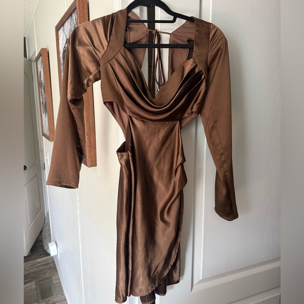 Selfie Leslie Brown Satin Long Sleeve Cowl Cutout Dress